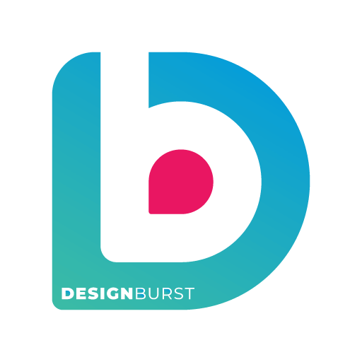 DesignBurst Icon with blue and teal D and a b cutout with pink infill. DesignBurst lettering cut out of bottom